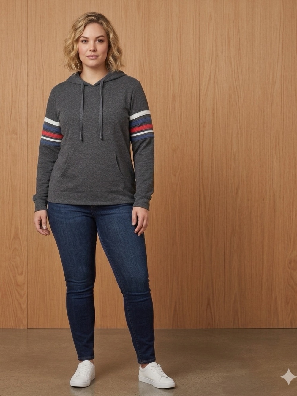 DARI Women’s Stripe Sleeve Pullover Hoodie Charcoal Gray Size XL